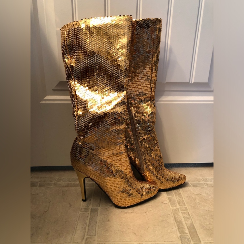 Ellie Gold Sequin Over-the-Knee High Heel Boots.(may be below the knee)